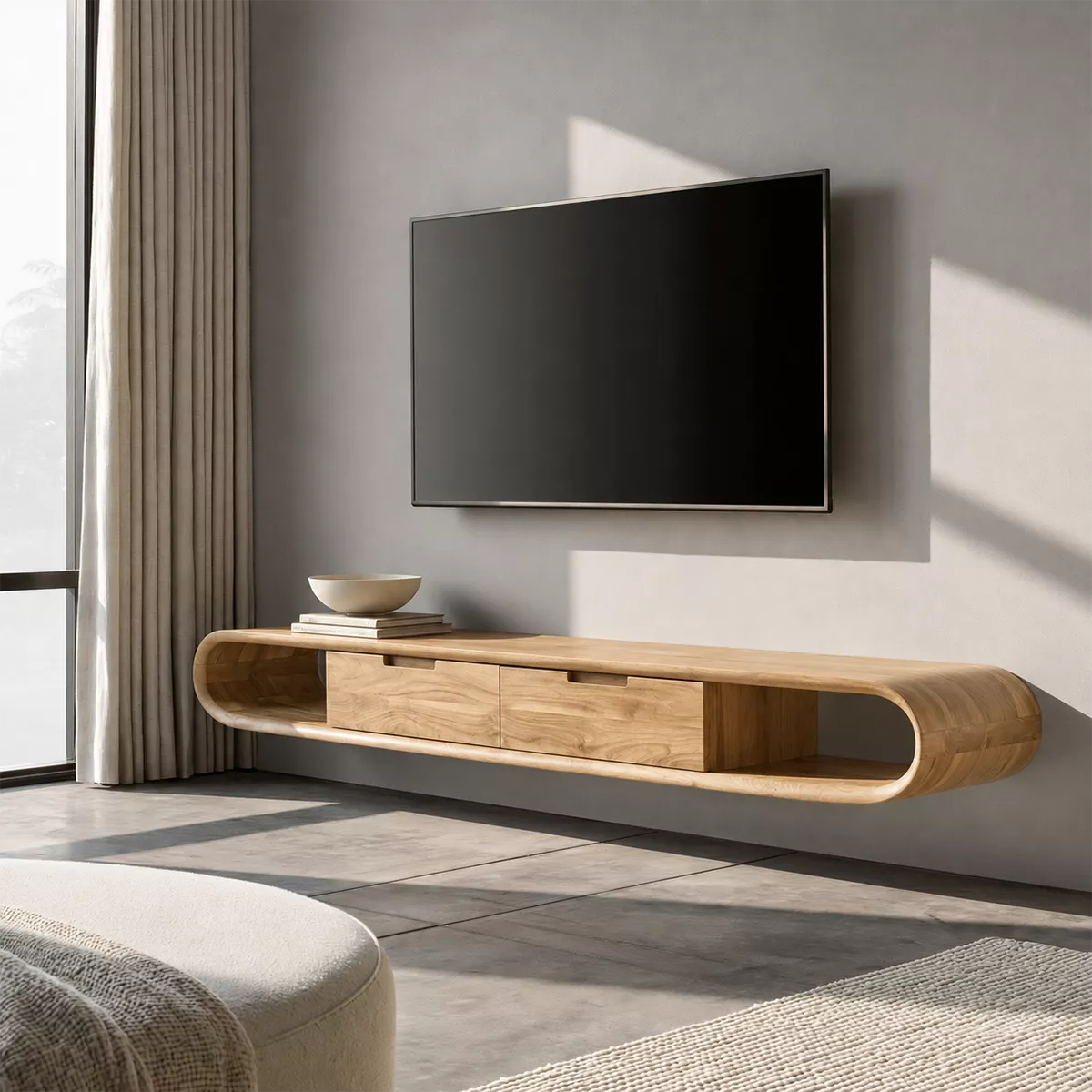 Floating Solid Wood TV Stand With Rounded Capsule Frame, Open Side Storage And Hidden Drawers For Living Room