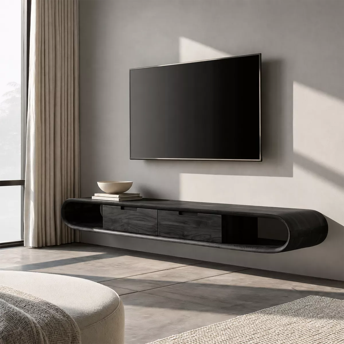 Floating Solid Wood TV Stand With Rounded Capsule Frame, Open Side Storage And Hidden Drawers For Living Room