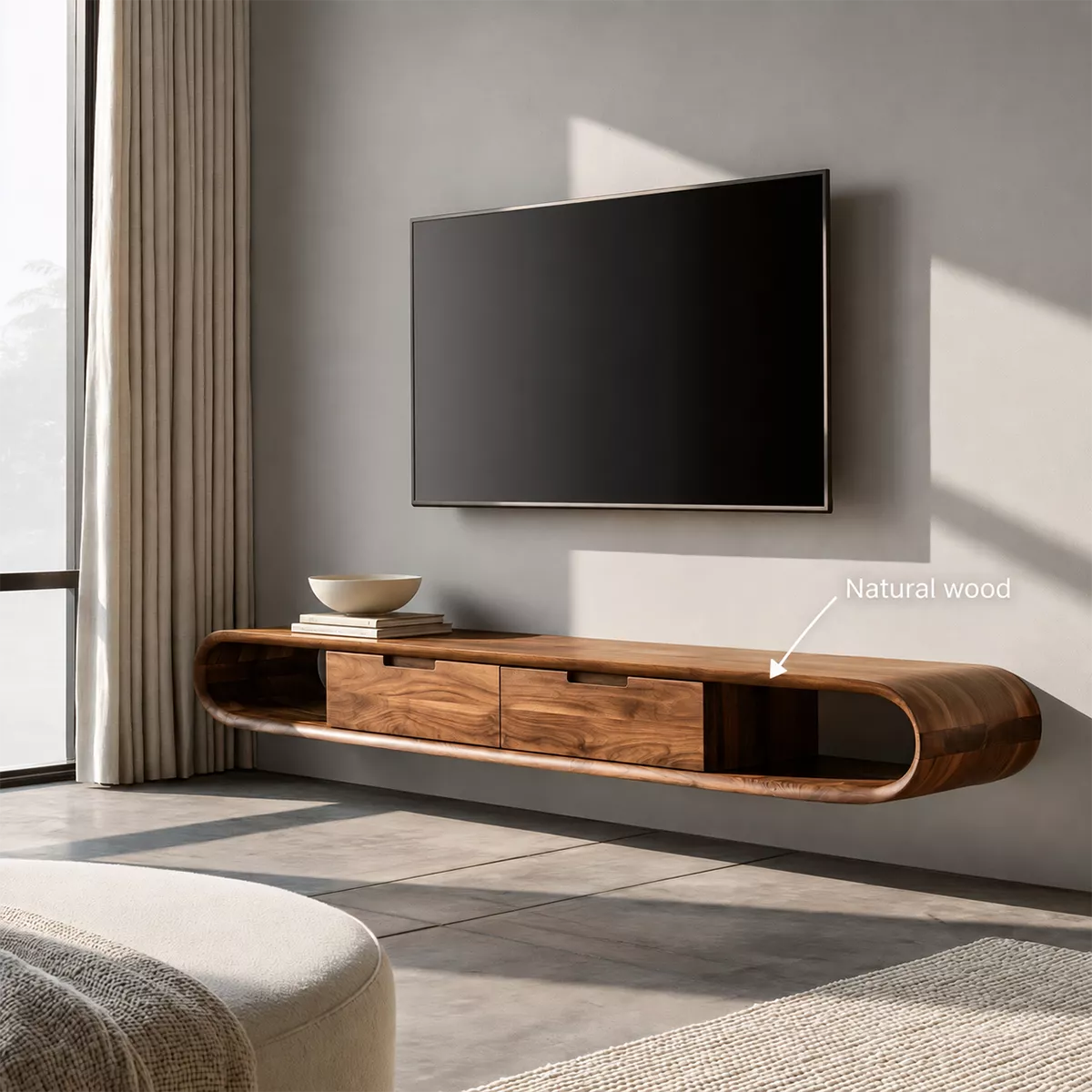 Floating Solid Wood TV Stand With Rounded Capsule Frame, Open Side Storage And Hidden Drawers For Living Room