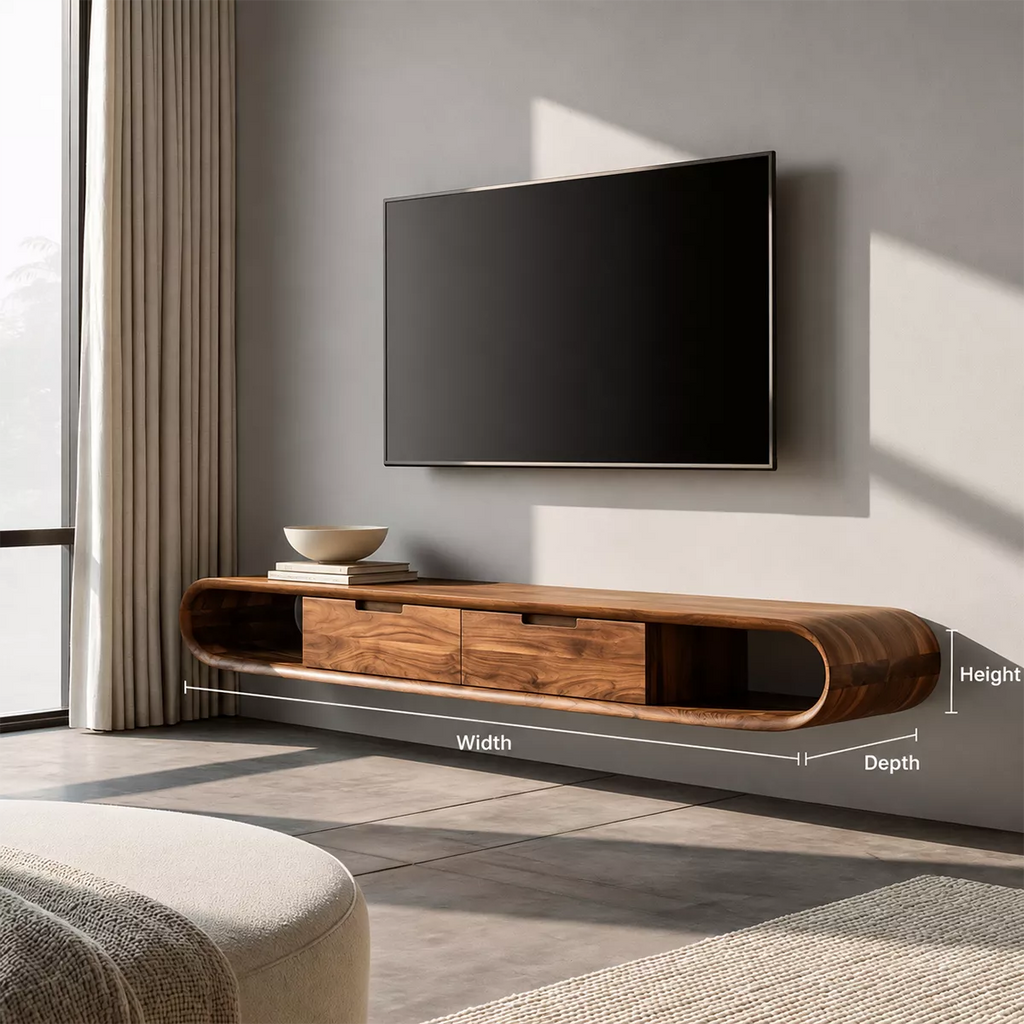 Floating Solid Wood TV Stand With Rounded Capsule Frame, Open Side Storage And Hidden Drawers For Living Room
