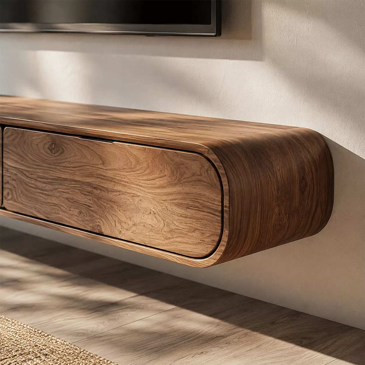 Floating Solid Wood TV Stand With Rounded Edges And Hidden Drawer Storage For Living Room