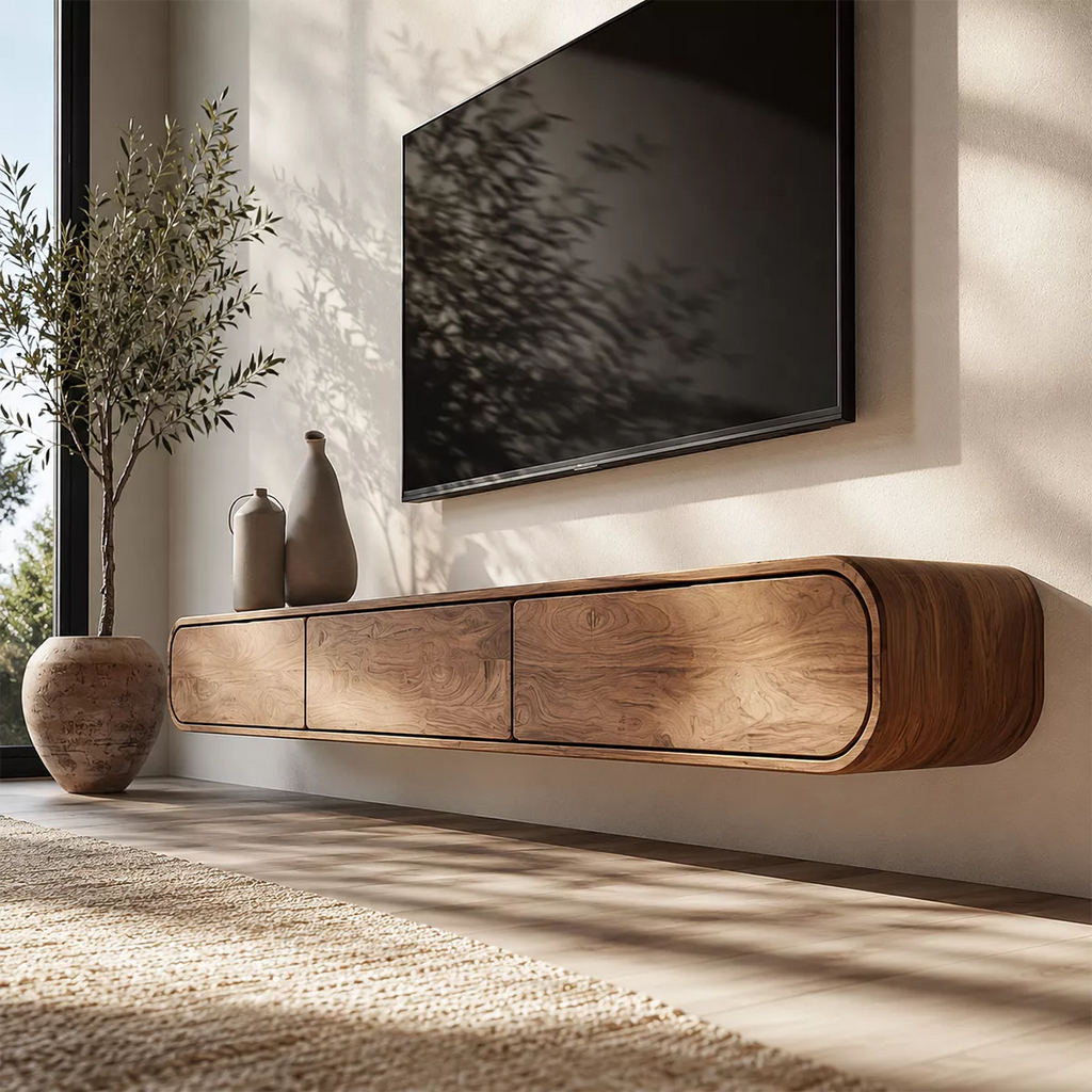 Floating Solid Wood TV Stand With Rounded Edges And Hidden Drawer Storage For Living Room