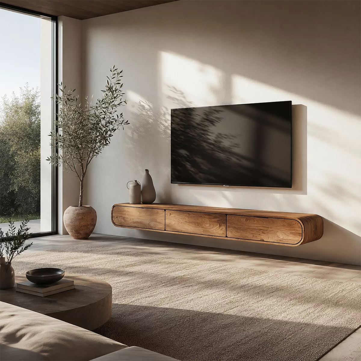 Floating Solid Wood TV Stand With Rounded Edges And Hidden Drawer Storage For Living Room
