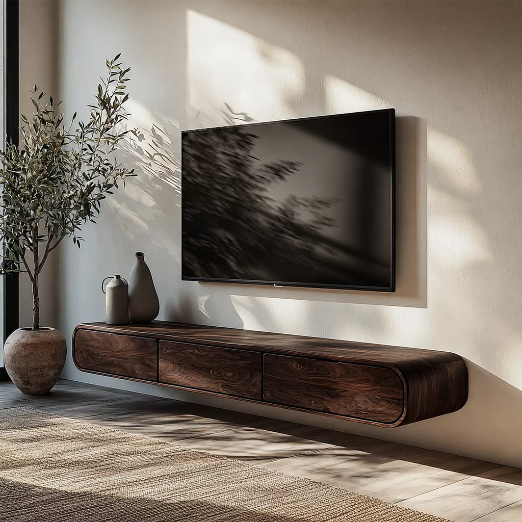 Floating Solid Wood TV Stand With Rounded Edges And Hidden Drawer Storage For Living Room