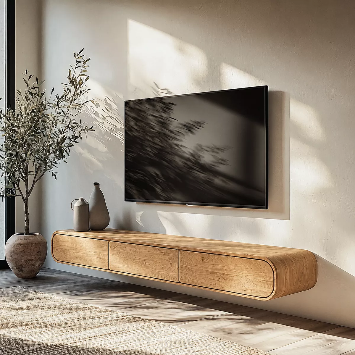 Floating Solid Wood TV Stand With Rounded Edges And Hidden Drawer Storage For Living Room