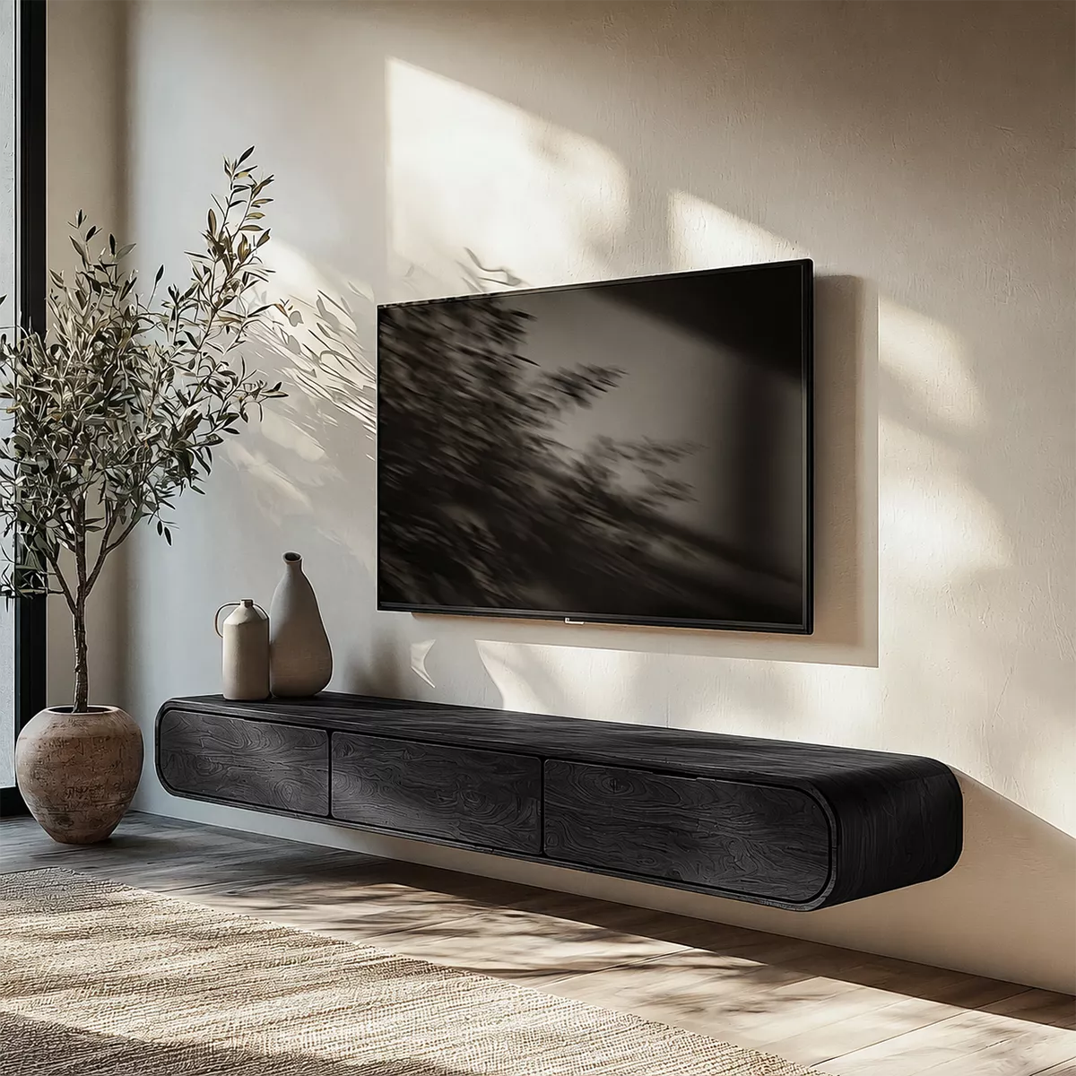 Floating Solid Wood TV Stand With Rounded Edges And Hidden Drawer Storage For Living Room