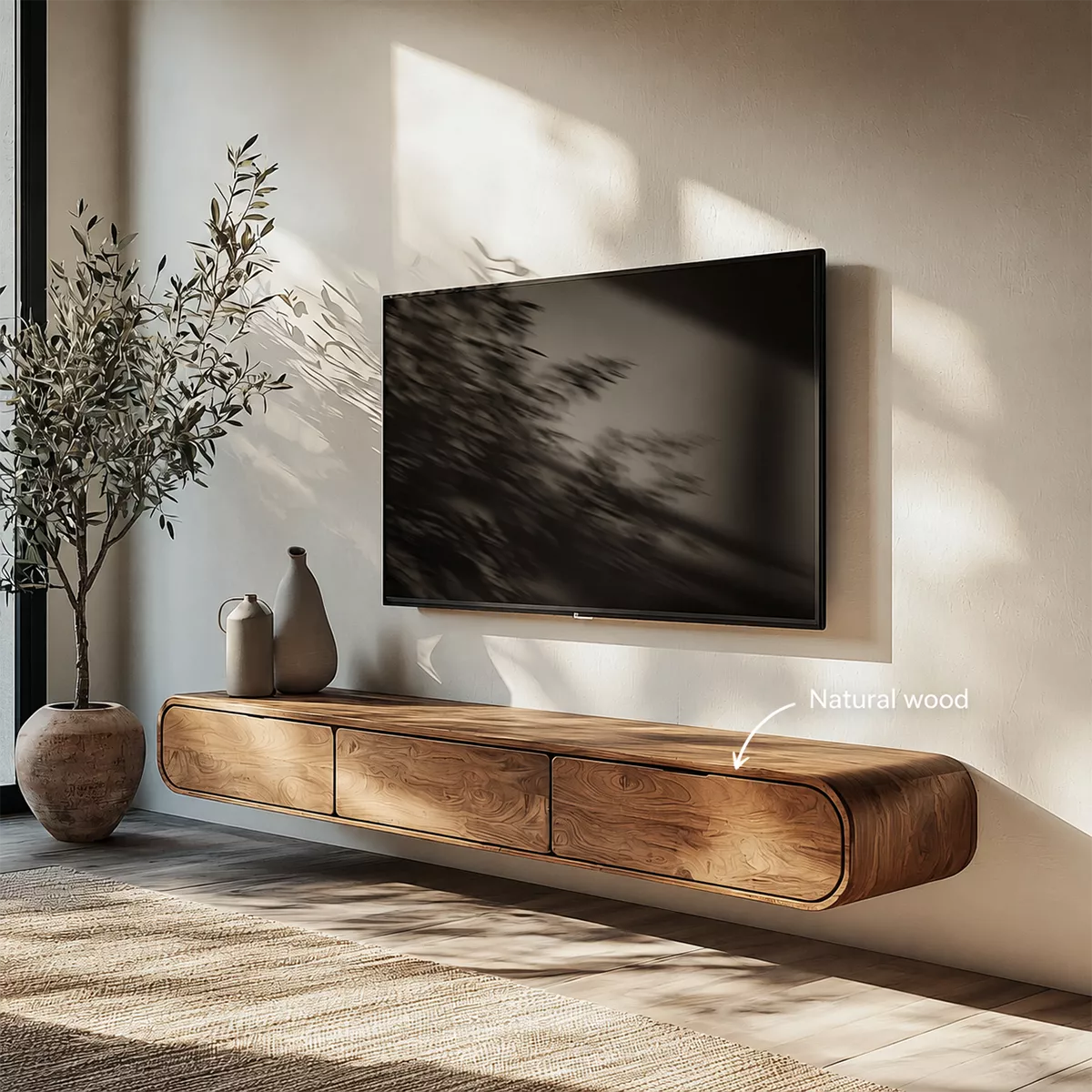 Floating Solid Wood TV Stand With Rounded Edges And Hidden Drawer Storage For Living Room