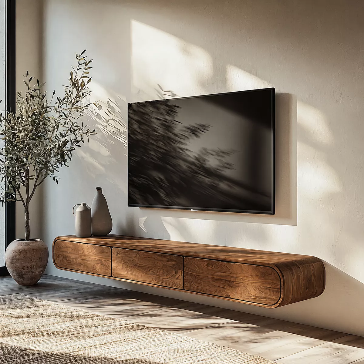 Floating Solid Wood TV Stand With Rounded Edges And Hidden Drawer Storage For Living Room