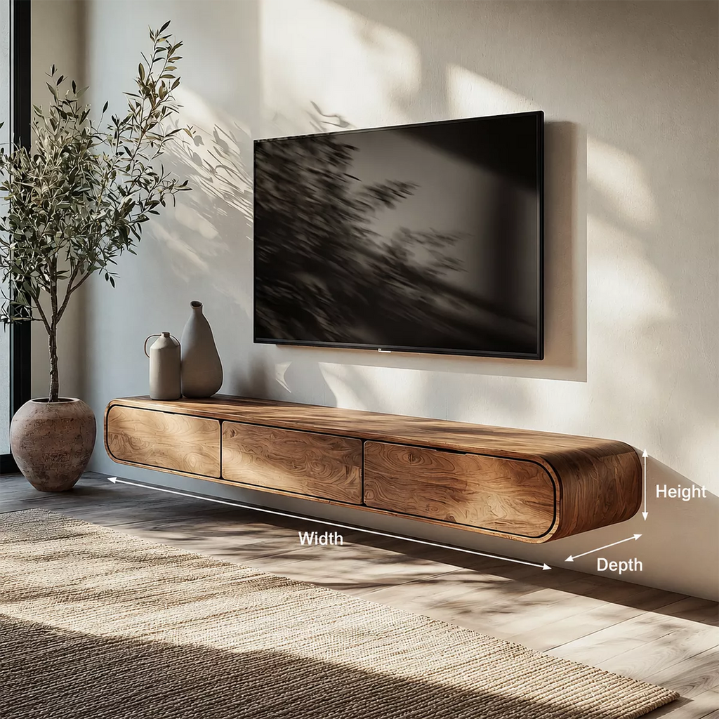 Floating Solid Wood TV Stand With Rounded Edges And Hidden Drawer Storage For Living Room