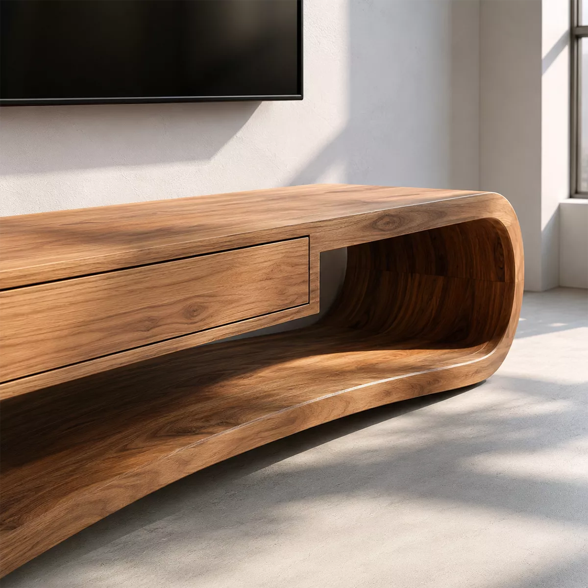 Sculptural Solid Wood TV Stand With Rounded Loop Frame, Open Shelf And Center Drawer For Living Room