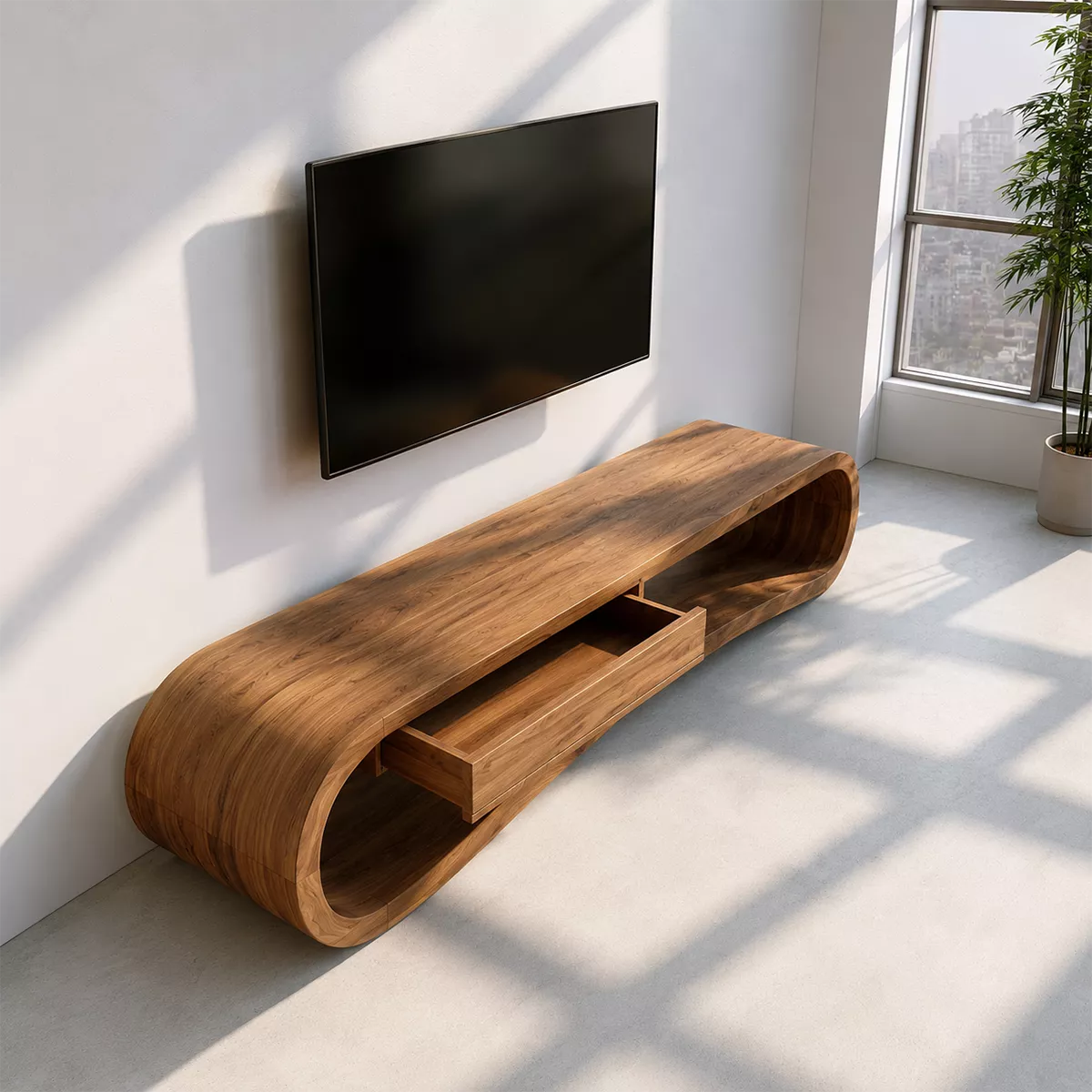Sculptural Solid Wood TV Stand With Rounded Loop Frame, Open Shelf And Center Drawer For Living Room