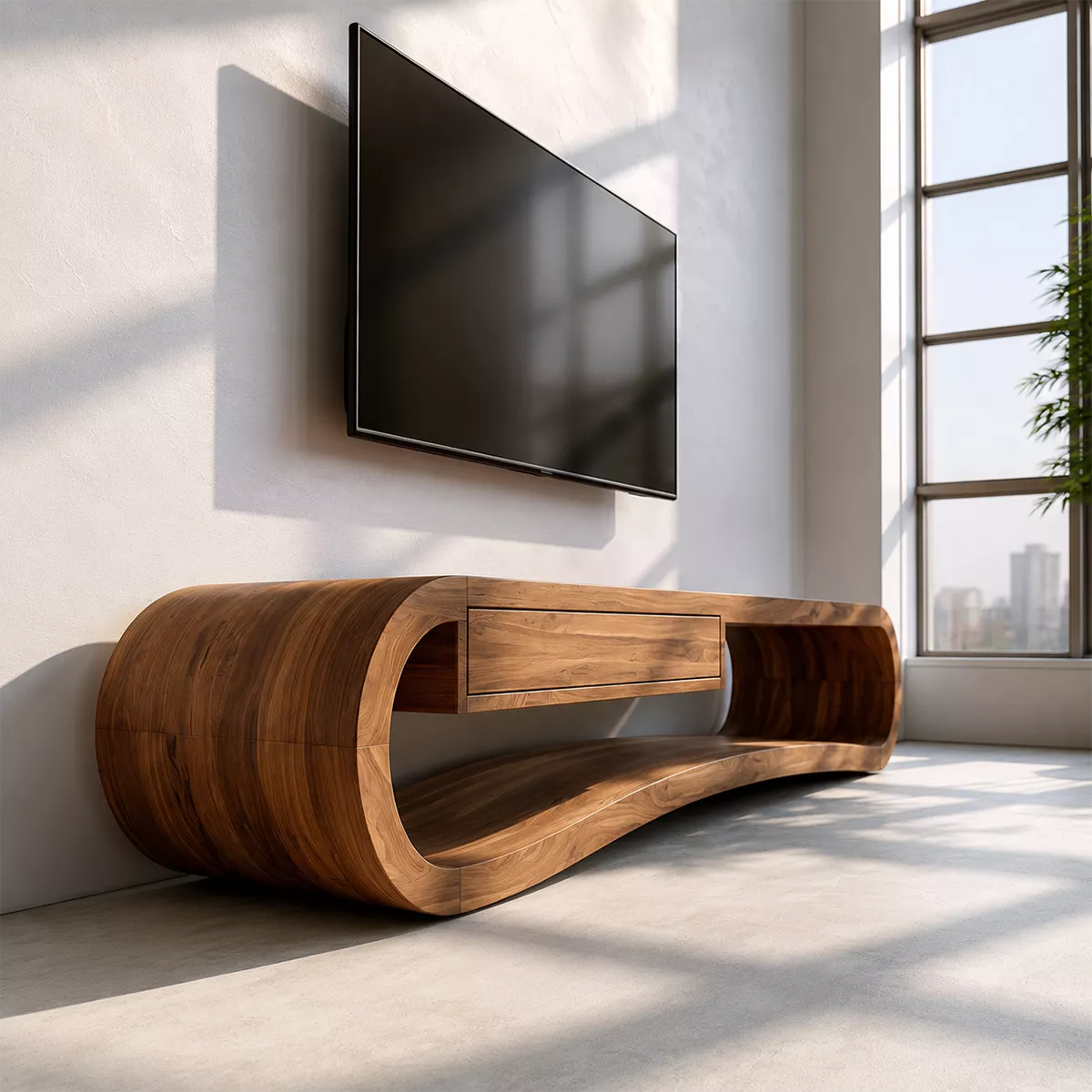 Sculptural Solid Wood TV Stand With Rounded Loop Frame, Open Shelf And Center Drawer For Living Room