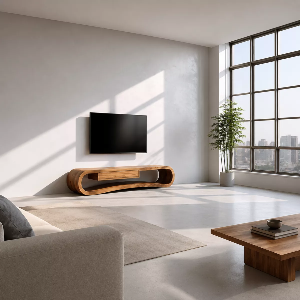 Sculptural Solid Wood TV Stand With Rounded Loop Frame, Open Shelf And Center Drawer For Living Room