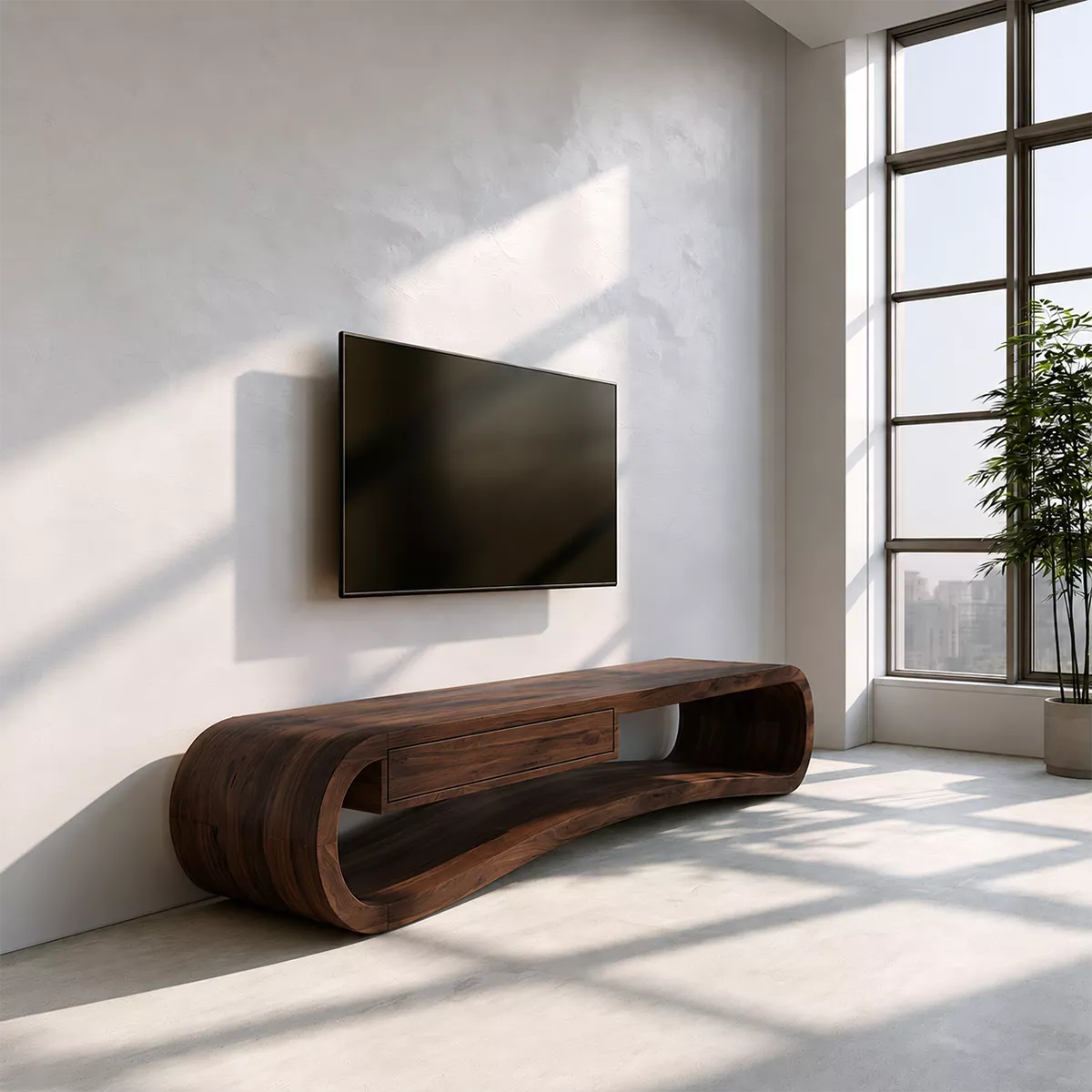 Sculptural Solid Wood TV Stand With Rounded Loop Frame, Open Shelf And Center Drawer For Living Room