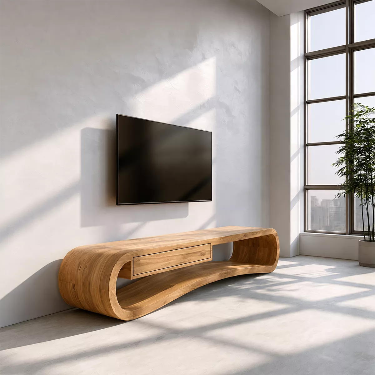Sculptural Solid Wood TV Stand With Rounded Loop Frame, Open Shelf And Center Drawer For Living Room