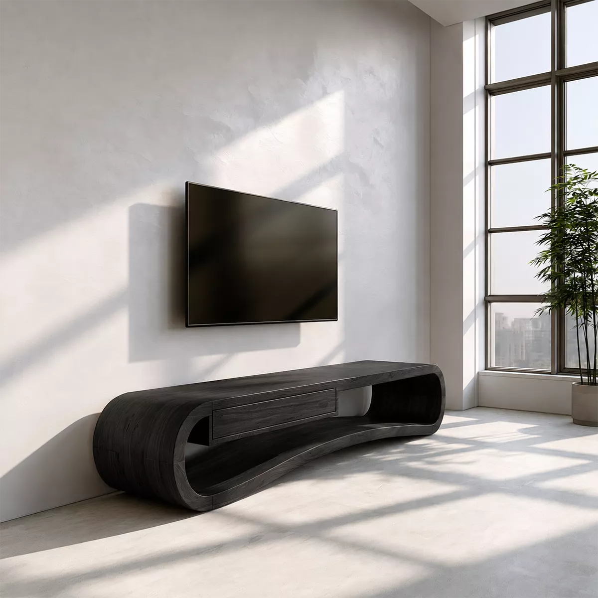 Sculptural Solid Wood TV Stand With Rounded Loop Frame, Open Shelf And Center Drawer For Living Room