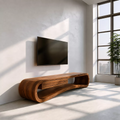 Sculptural Solid Wood TV Stand With Rounded Loop Frame, Open Shelf And Center Drawer For Living Room