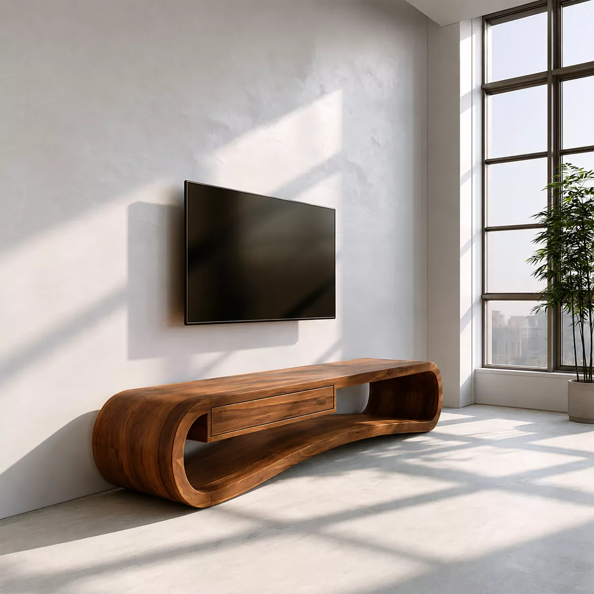 Sculptural Solid Wood TV Stand With Rounded Loop Frame, Open Shelf And Center Drawer For Living Room