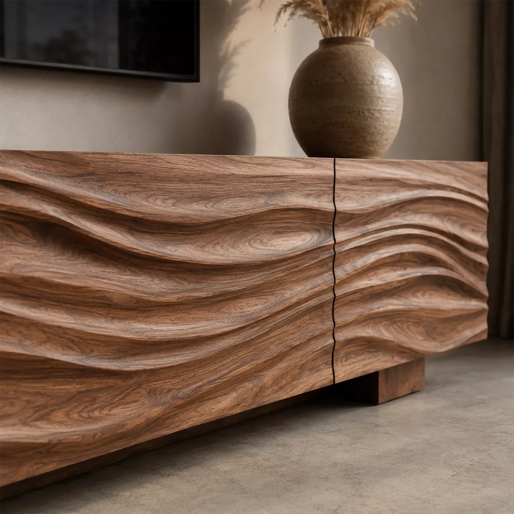 Sculptural Solid Wood TV Stand With Carved Wave Front And Natural Wood Grain For Living Room