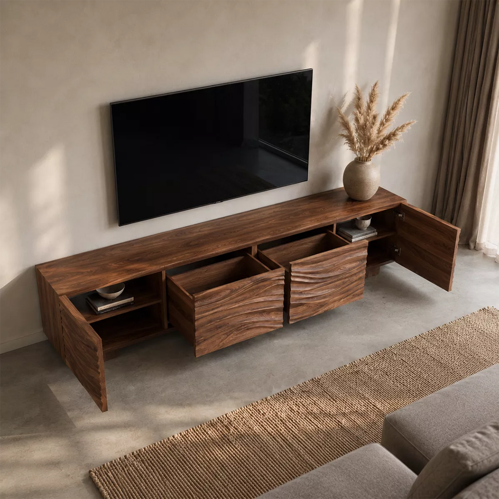 Sculptural Solid Wood TV Stand With Carved Wave Front And Natural Wood Grain For Living Room