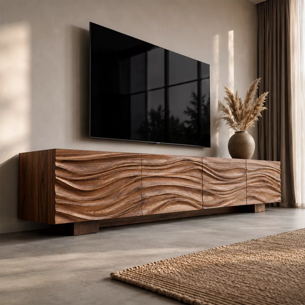 Sculptural Solid Wood TV Stand With Carved Wave Front And Natural Wood Grain For Living Room