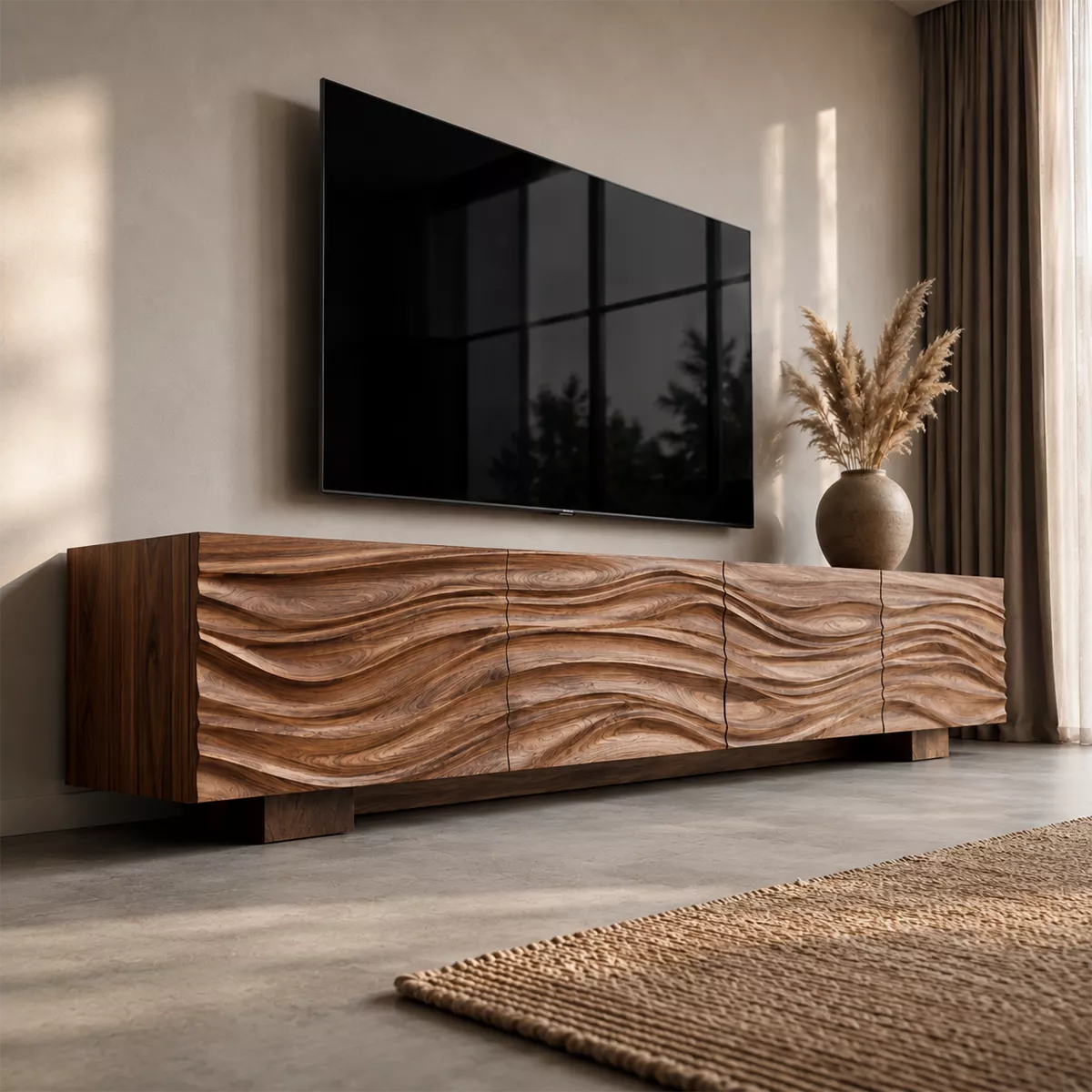 Sculptural Solid Wood TV Stand With Carved Wave Front And Natural Wood Grain For Living Room