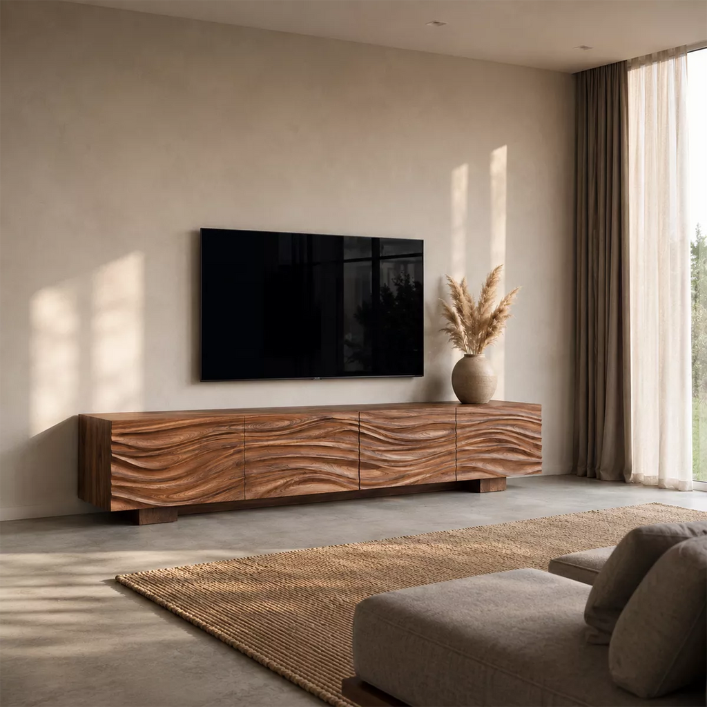 Sculptural Solid Wood TV Stand With Carved Wave Front And Natural Wood Grain For Living Room
