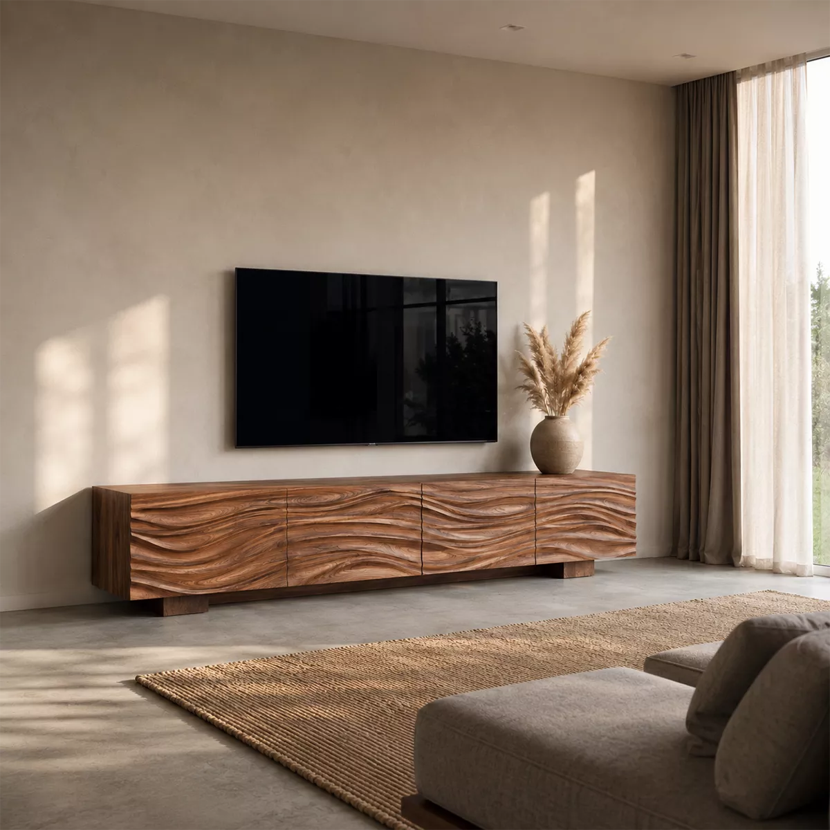 Sculptural Solid Wood TV Stand With Carved Wave Front And Natural Wood Grain For Living Room