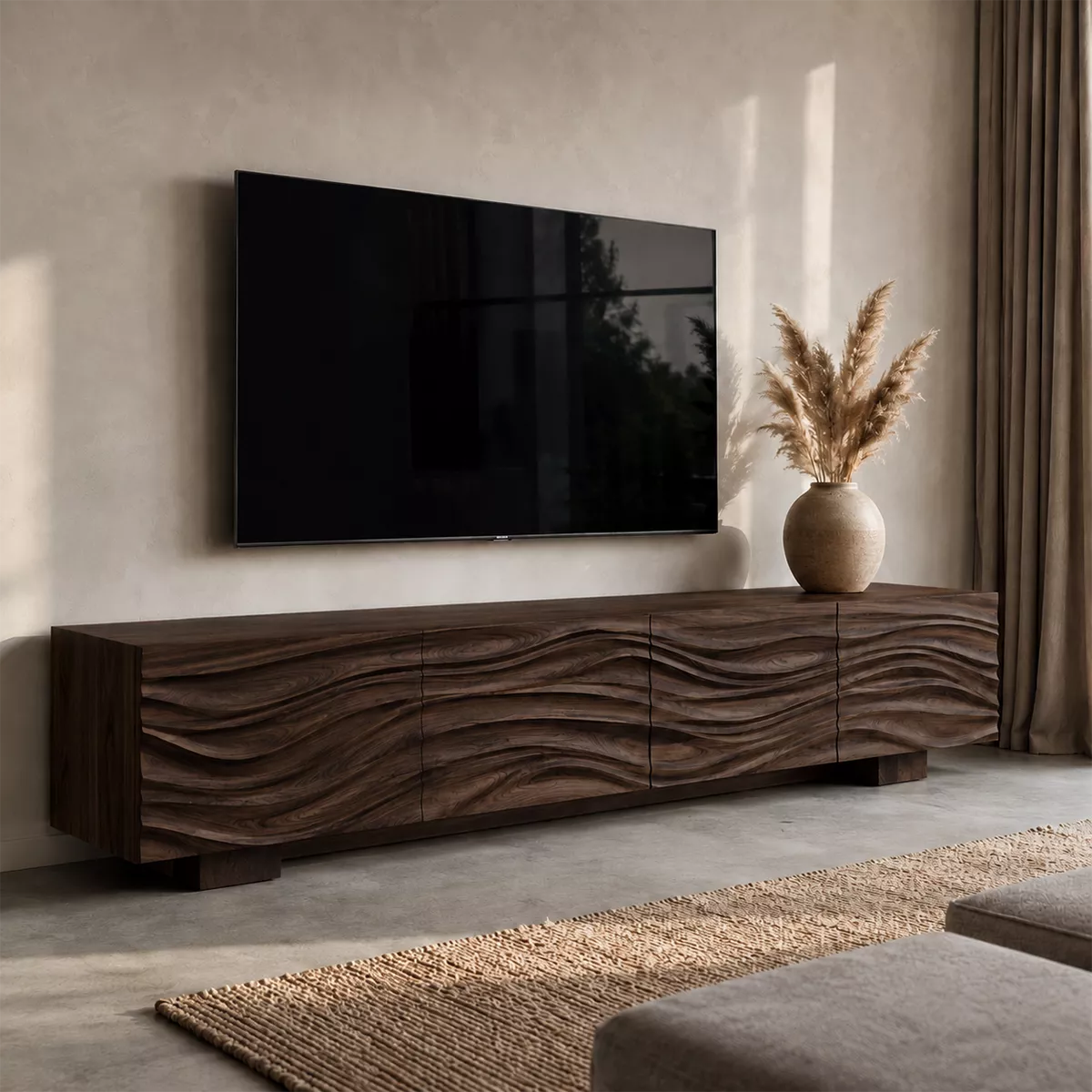 Sculptural Solid Wood TV Stand With Carved Wave Front And Natural Wood Grain For Living Room