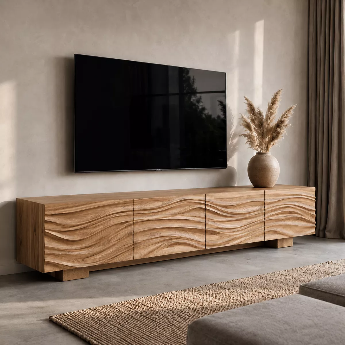 Sculptural Solid Wood TV Stand With Carved Wave Front And Natural Wood Grain For Living Room