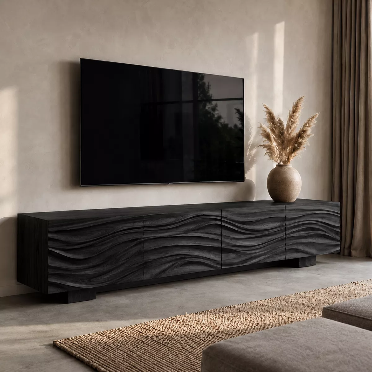 Sculptural Solid Wood TV Stand With Carved Wave Front And Natural Wood Grain For Living Room