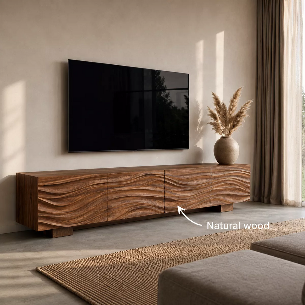 Sculptural Solid Wood TV Stand With Carved Wave Front And Natural Wood Grain For Living Room
