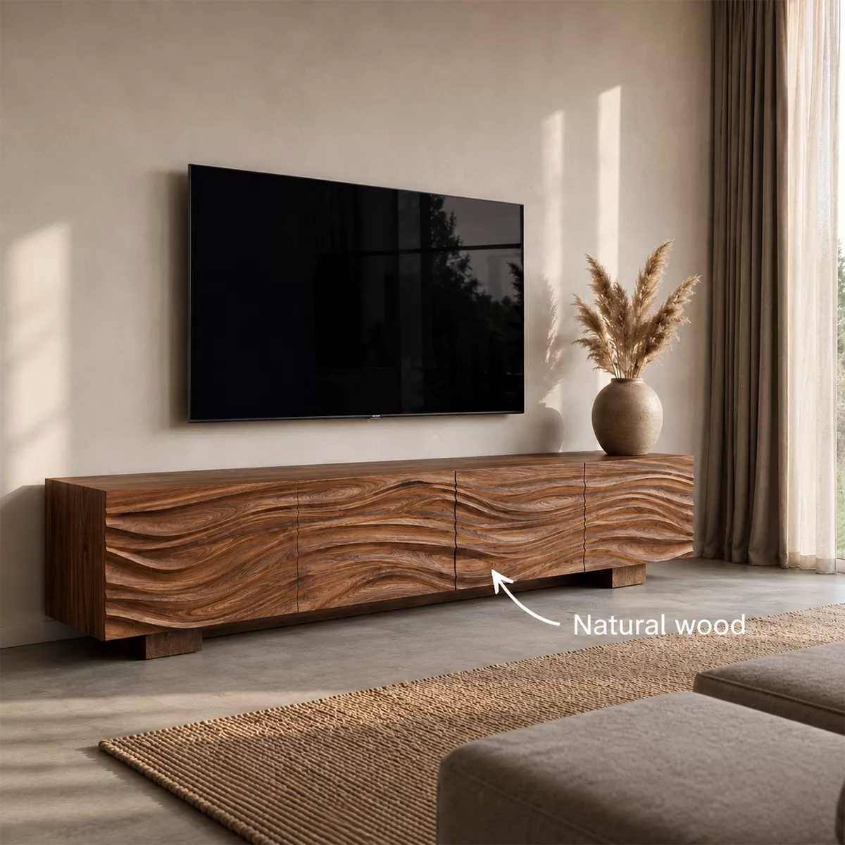 Sculptural Solid Wood TV Stand With Carved Wave Front And Natural Wood Grain For Living Room