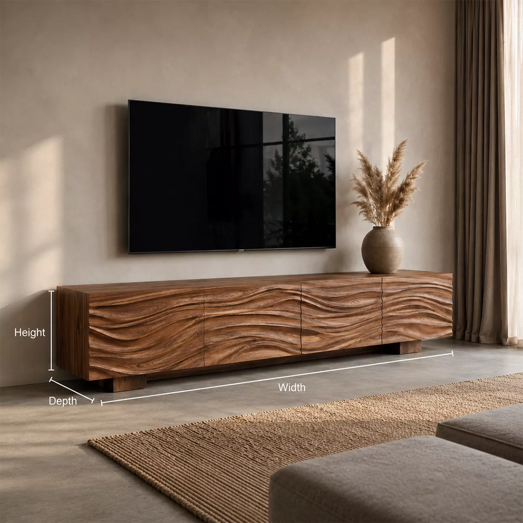 Sculptural Solid Wood TV Stand With Carved Wave Front And Natural Wood Grain For Living Room