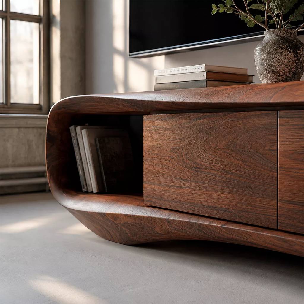 Sculptural Solid Wood TV Stand With Rounded Loop Frame, Open Side Shelves And Hidden Drawer Storage For Living Room