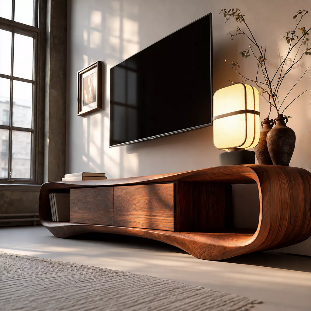 Sculptural Solid Wood TV Stand With Rounded Loop Frame, Open Side Shelves And Hidden Drawer Storage For Living Room