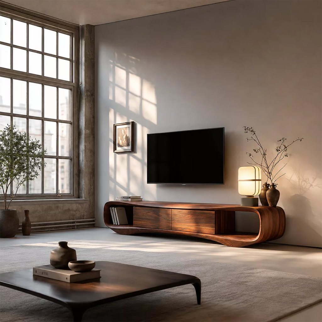 Sculptural Solid Wood TV Stand With Rounded Loop Frame, Open Side Shelves And Hidden Drawer Storage For Living Room
