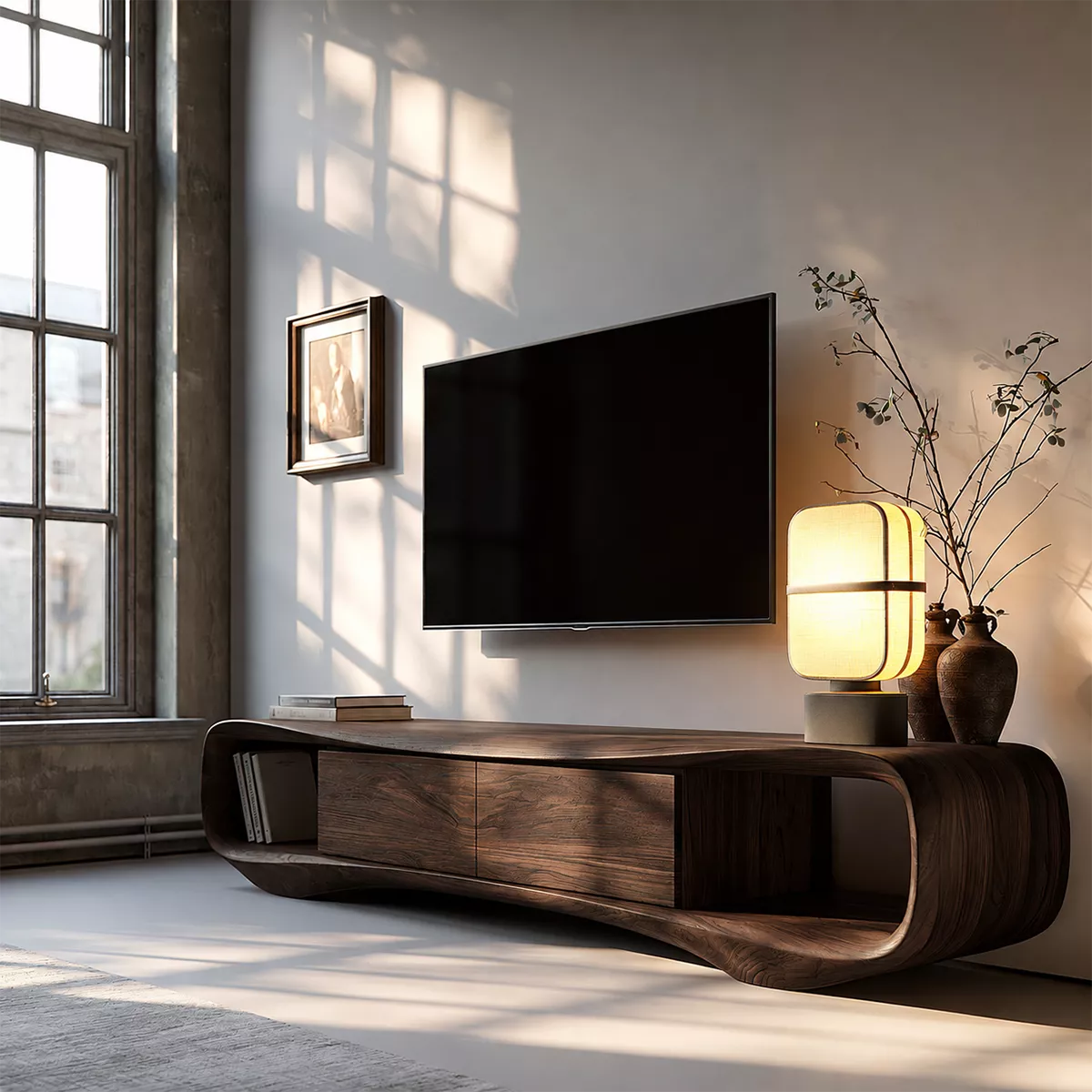 Sculptural Solid Wood TV Stand With Rounded Loop Frame, Open Side Shelves And Hidden Drawer Storage For Living Room
