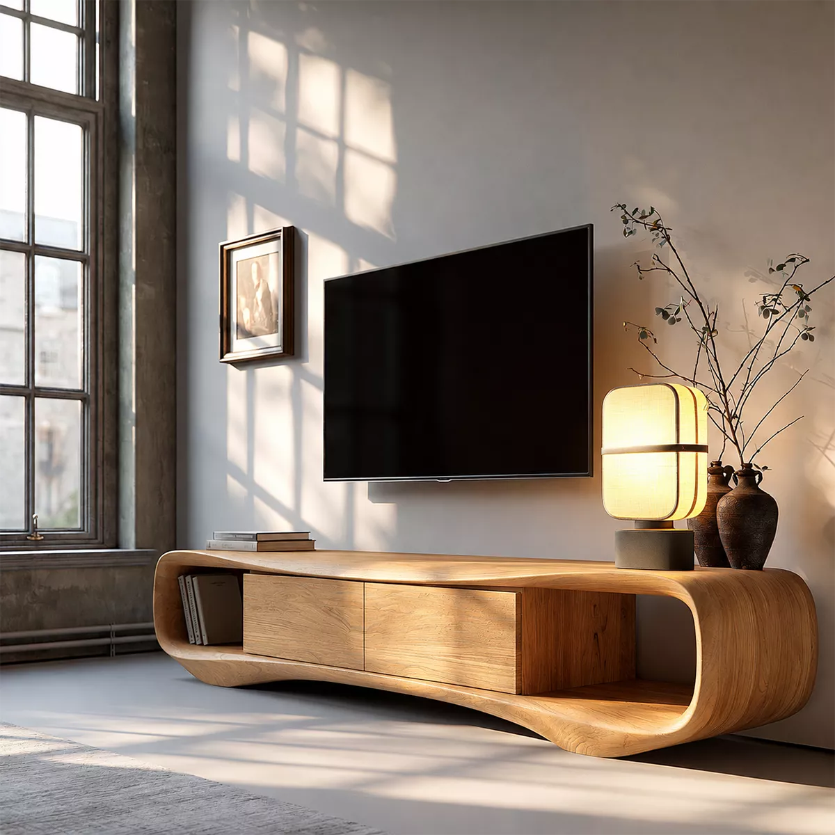 Sculptural Solid Wood TV Stand With Rounded Loop Frame, Open Side Shelves And Hidden Drawer Storage For Living Room