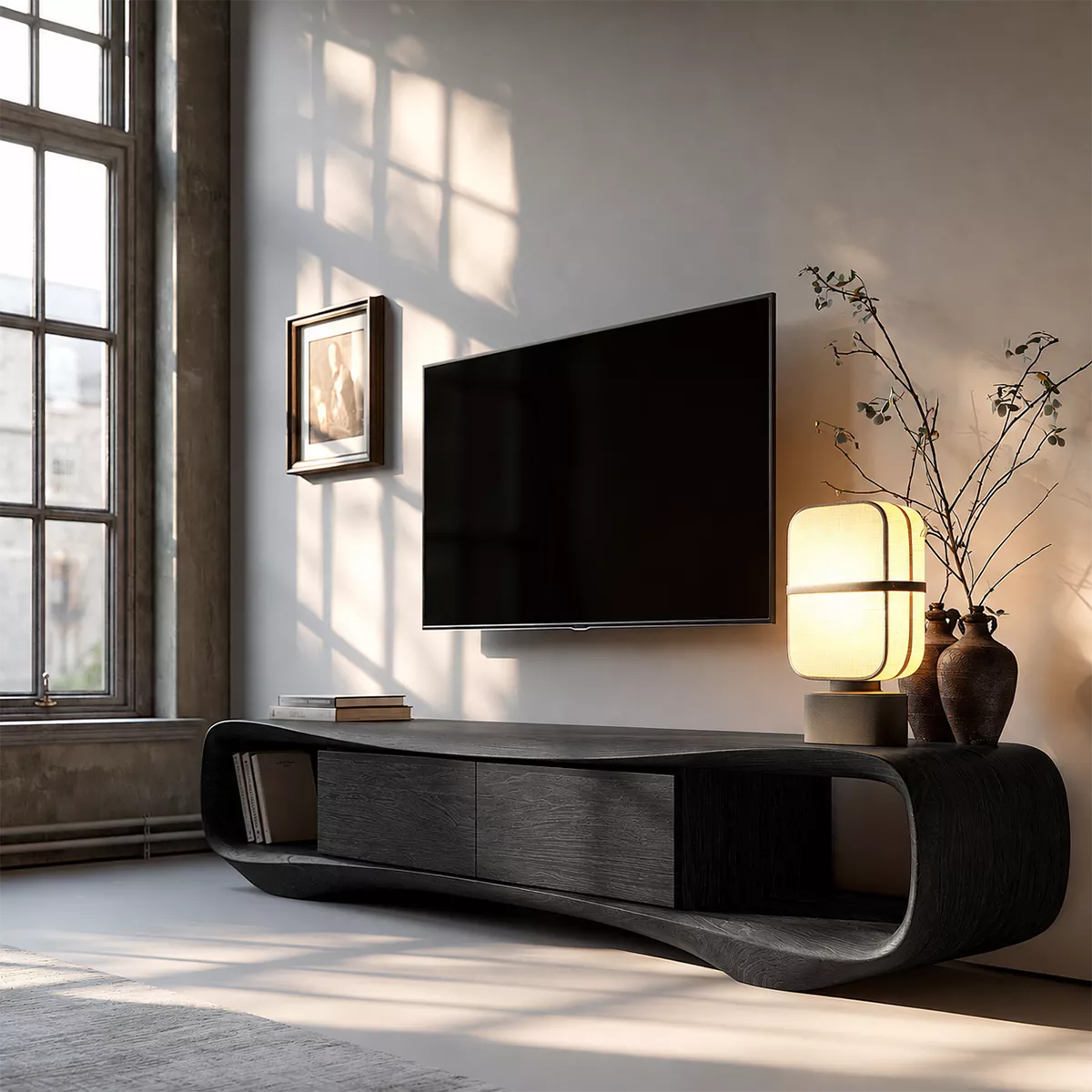 Sculptural Solid Wood TV Stand With Rounded Loop Frame, Open Side Shelves And Hidden Drawer Storage For Living Room