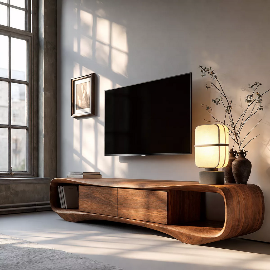 Sculptural Solid Wood TV Stand With Rounded Loop Frame, Open Side Shelves And Hidden Drawer Storage For Living Room
