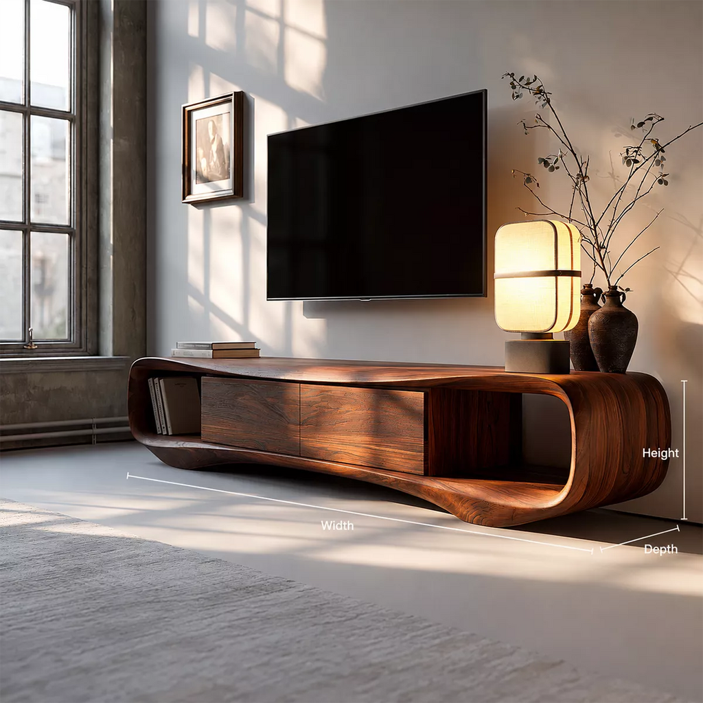 Sculptural Solid Wood TV Stand With Rounded Loop Frame, Open Side Shelves And Hidden Drawer Storage For Living Room