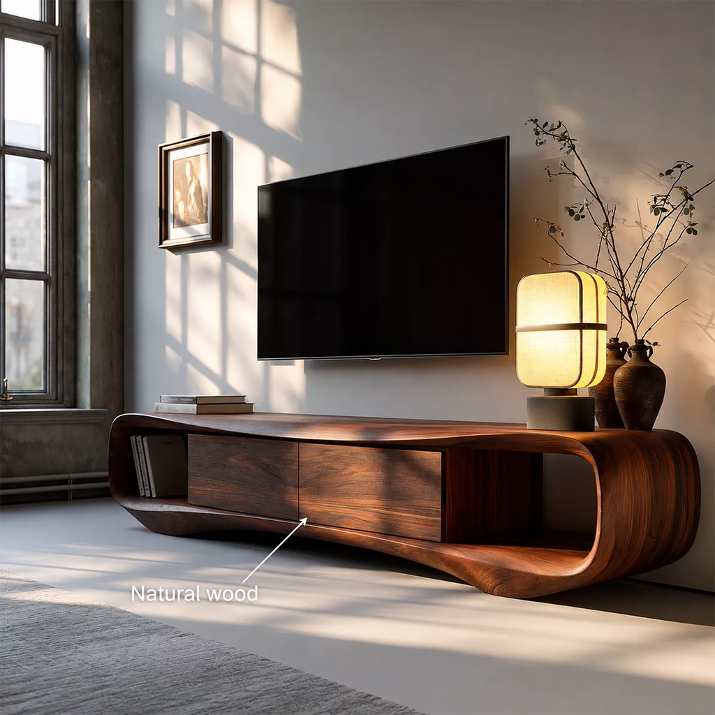 Sculptural Solid Wood TV Stand With Rounded Loop Frame, Open Side Shelves And Hidden Drawer Storage For Living Room