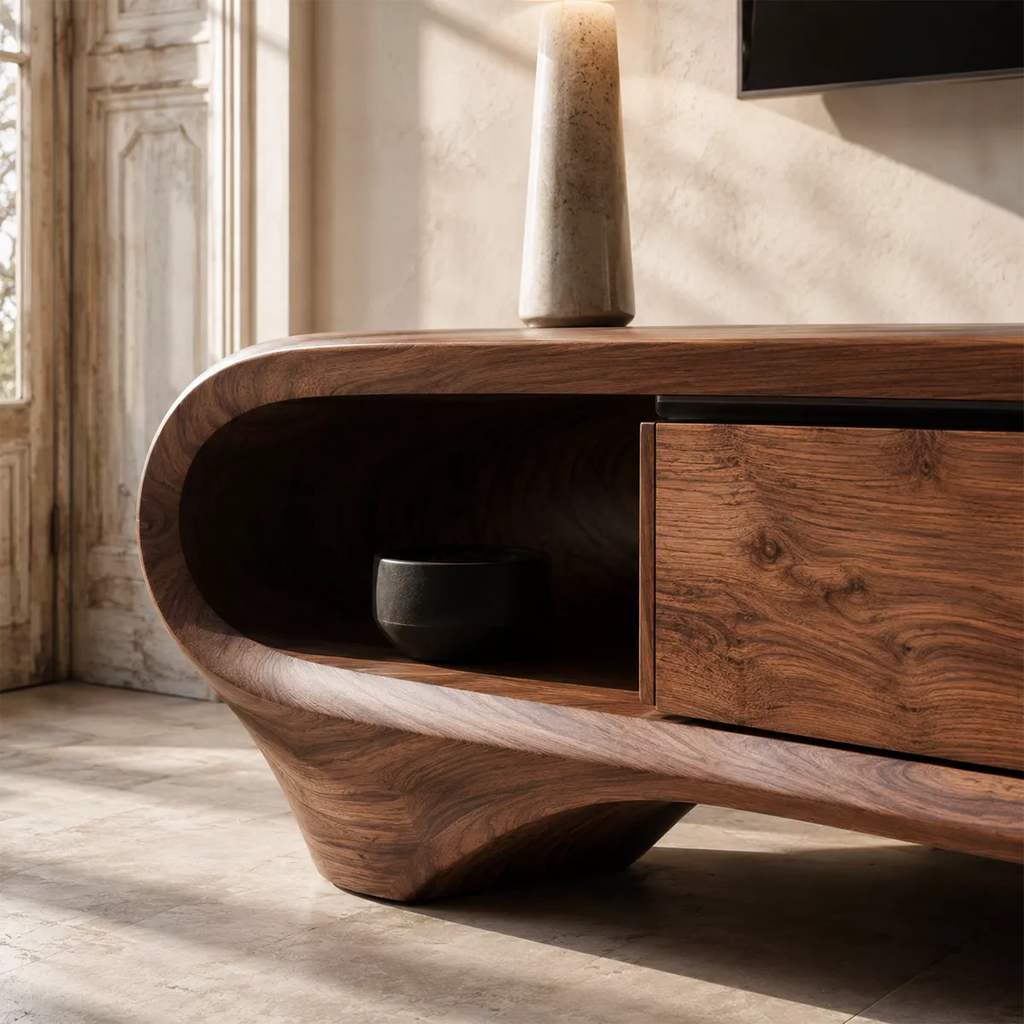 Sculptural Solid Wood TV Stand With Curved Loop Frame, Open Side Shelves And Hidden Drawer Storage For Living Room