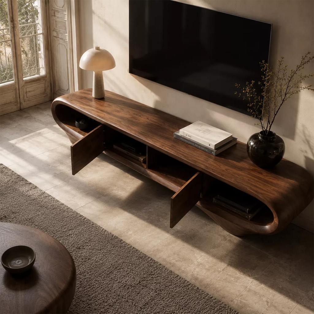 Sculptural Solid Wood TV Stand With Curved Loop Frame, Open Side Shelves And Hidden Drawer Storage For Living Room