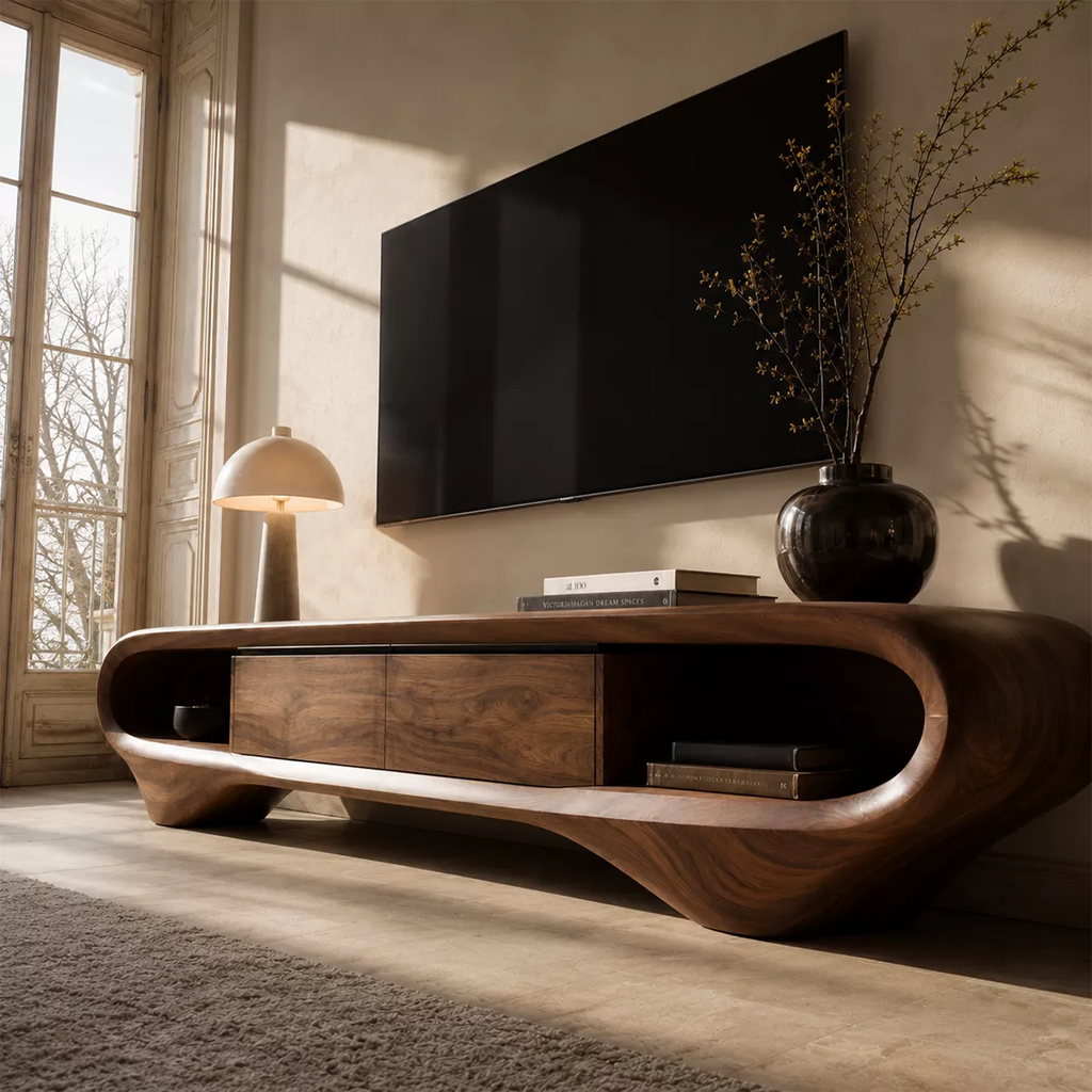 Sculptural Solid Wood TV Stand With Curved Loop Frame, Open Side Shelves And Hidden Drawer Storage For Living Room