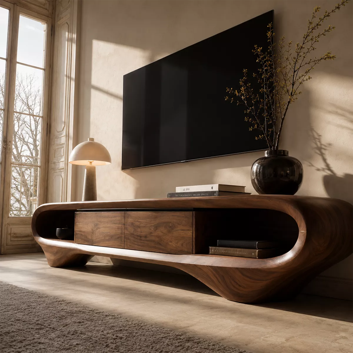 Sculptural Solid Wood TV Stand With Curved Loop Frame, Open Side Shelves And Hidden Drawer Storage For Living Room