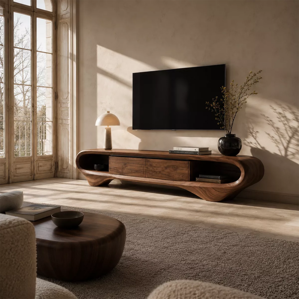 Sculptural Solid Wood TV Stand With Curved Loop Frame, Open Side Shelves And Hidden Drawer Storage For Living Room