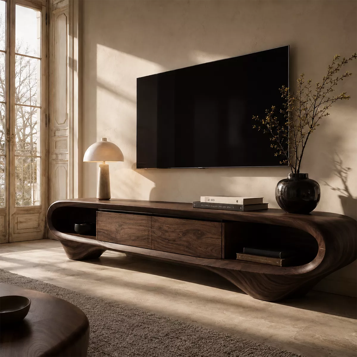 Sculptural Solid Wood TV Stand With Curved Loop Frame, Open Side Shelves And Hidden Drawer Storage For Living Room