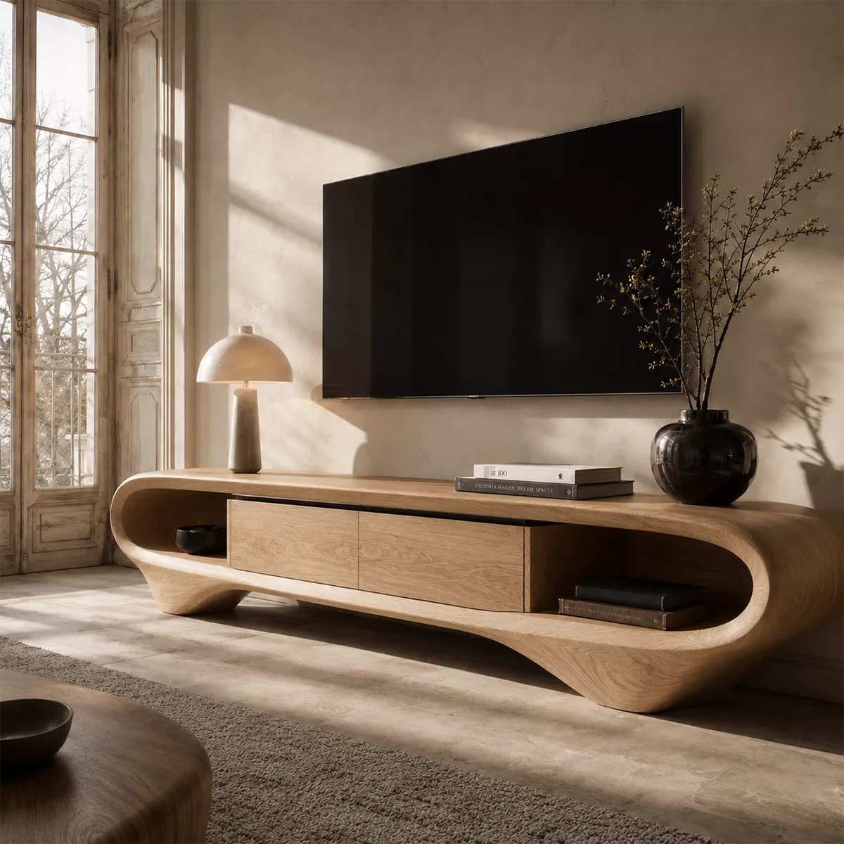 Sculptural Solid Wood TV Stand With Curved Loop Frame, Open Side Shelves And Hidden Drawer Storage For Living Room